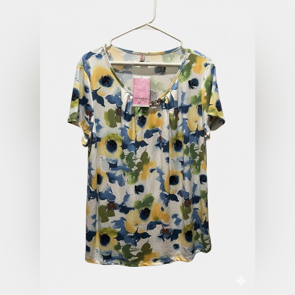 Liz & Lilli Blue & Yellow Floral Pleat Front Blouse - Size 2X - NWT
